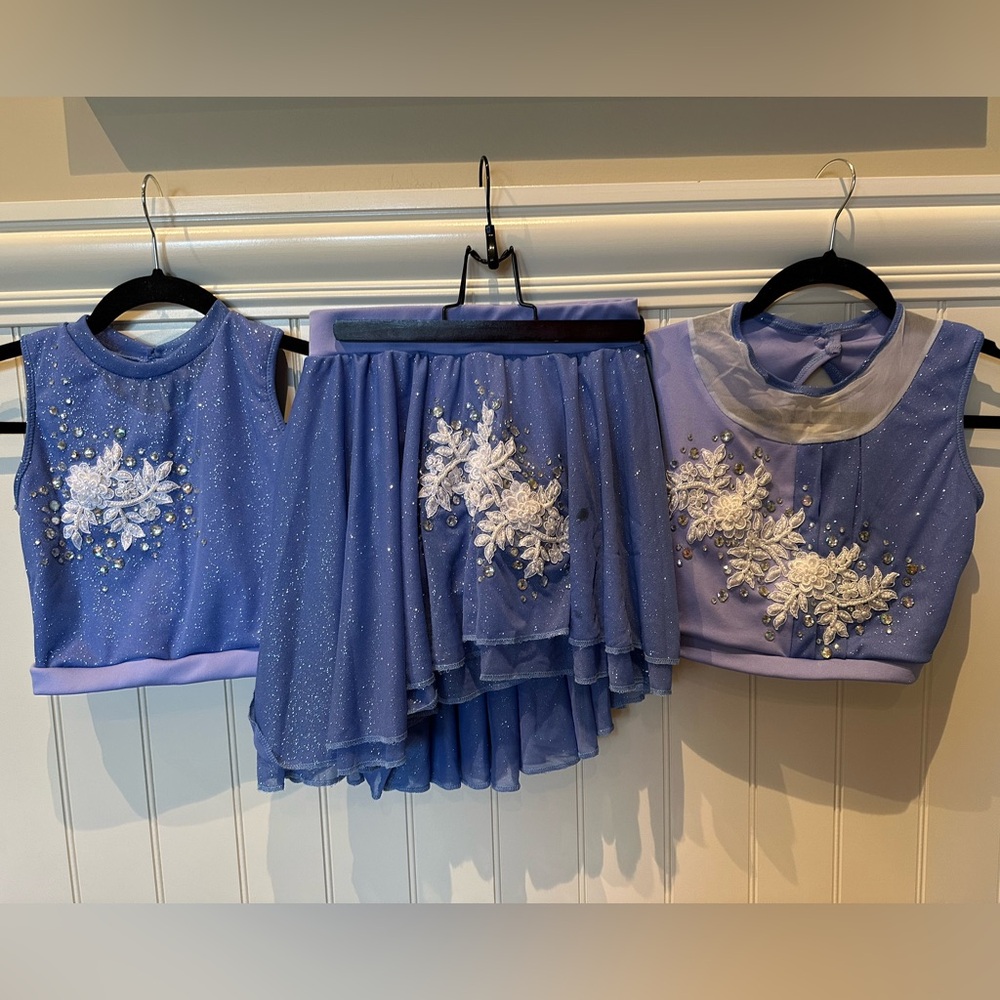 Custom 3 Piece Child Small Periwinkle Blue Tops & Skirt with White Appliqués